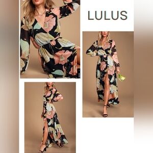 LuLus. Maxi Dress. Wondrous Water Lilies Print. V-Neck. Long Sleeve. Lon…